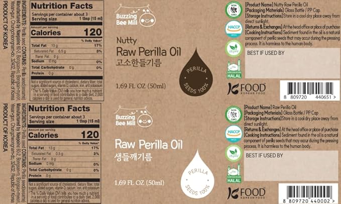 Korean Food Perilla Oil Mini Set (2 × 1.69 fl oz / 50 ml) Raw &amp Nutty Cold-Pressed Perilla Oils from 100% Korean Perilla Seeds 냉온압착 들기름