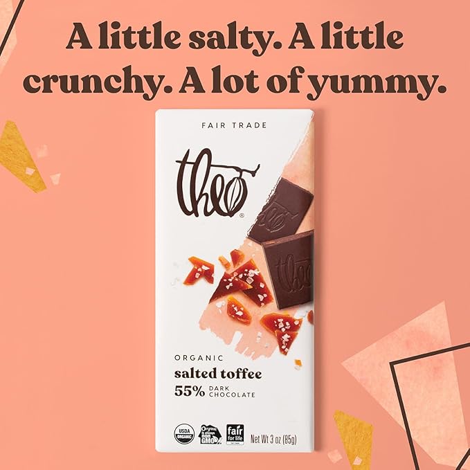 Theo Chocolate Salted Toffee Organic Dark Chocolate Bar 55% Cacao 6 Pack | Fair Trade