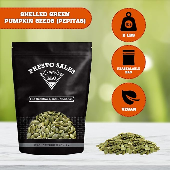 Pumpkin Seeds Raw Shelled Green Pepitas Premium Natural Snack Eating Or Cooking Nutritious Packed in a resealable pouch bag of 2 lbs. (32 oz.) by Presto Sales LLC