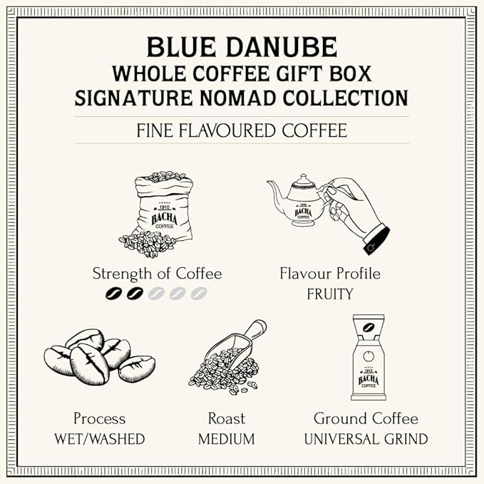Bacha Coffee | Blue Danube Fine Flavoured Whole Beans Medium Roast 100% Arabica Specialty Coffee 250g Signature Nomad Collection Gift Box
