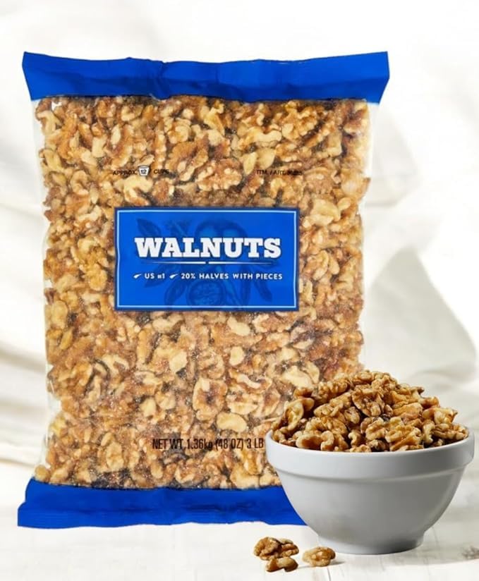 Kirkland Walnut Halves and Pieces – US #1 Grade – 3 lbs (48 oz) Bag – Heart-Healthy Snack and Baking Ingredient – Great for Salads Baked Goods and Cooking