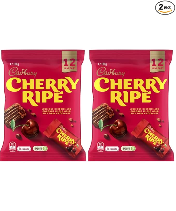 Cadbury Cherry Ripe Chocolate Share Pack – 2 Packs of 12 Bars (180g Each) – Made in Australia