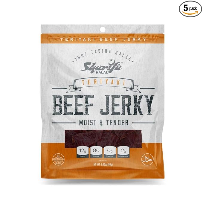 Sharifa Halal Beef Jerky Teriyaki (5 Pack) Each Bag 2.85 oz – Great Everyday Halal Jerky Beef Meat Snack 100 % Real Zabiha Halal Beef 12g of Protein 80 Calories 0g Trans Fat &amp 2g of Carbohy