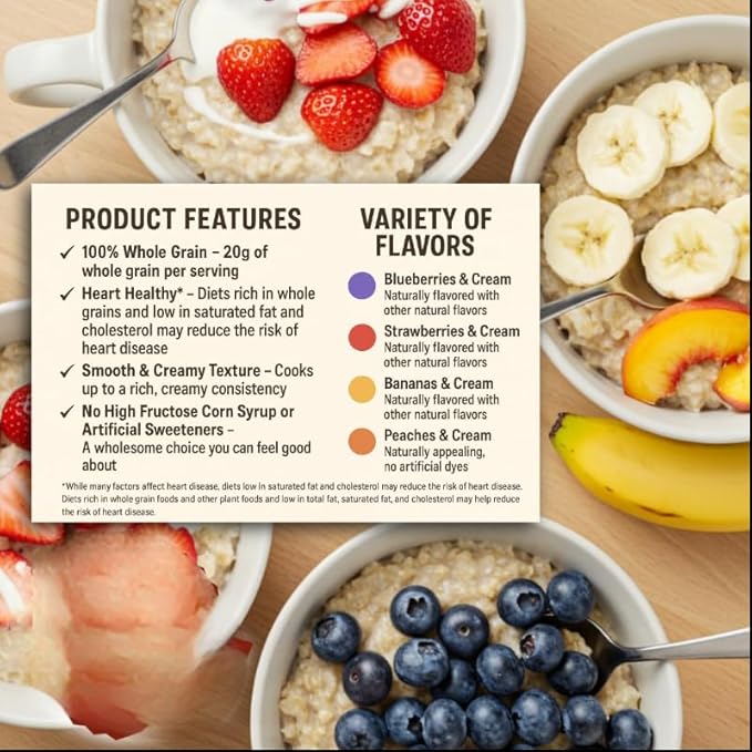 Fruit and Cream Instant Oatmeal Variety Pack 40 Packets 1.05 oz Each | Strawberries &amp Cream Bananas &amp Cream Peaches &amp Cream Blueberries &amp Cream. (1 Pack)