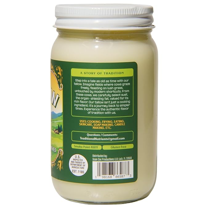 Pasture Raised Beef Tallow Grass-Fed &amp Grass-Finished Made from Beef Suet for more nutrients Glass Jar
