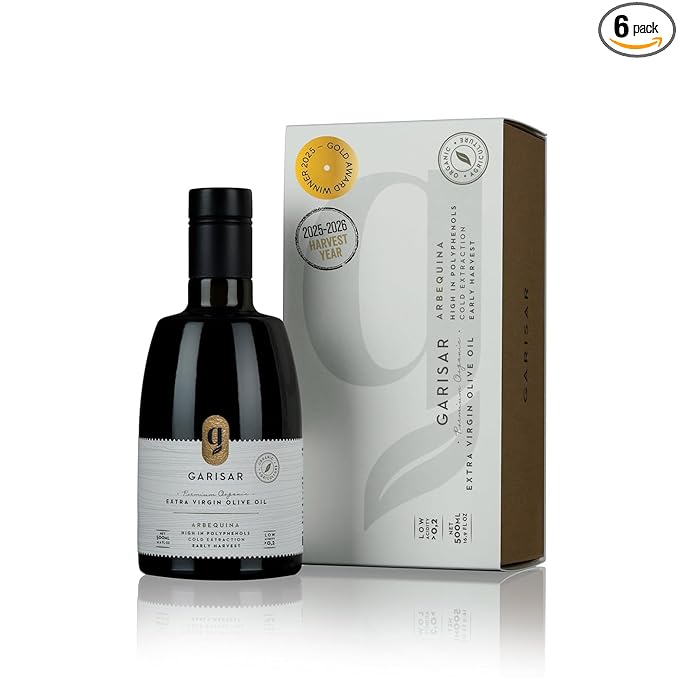 Garisar High In Polyphenol Premium Extra Virgin Olive Oil (&gt600 ppm) Low Acidity (max 0.2%) NYIOOC 2025 Gold Medal Winner Organic Agriculture Hand Picked Cold Pressed 100% Arbequina Pack of