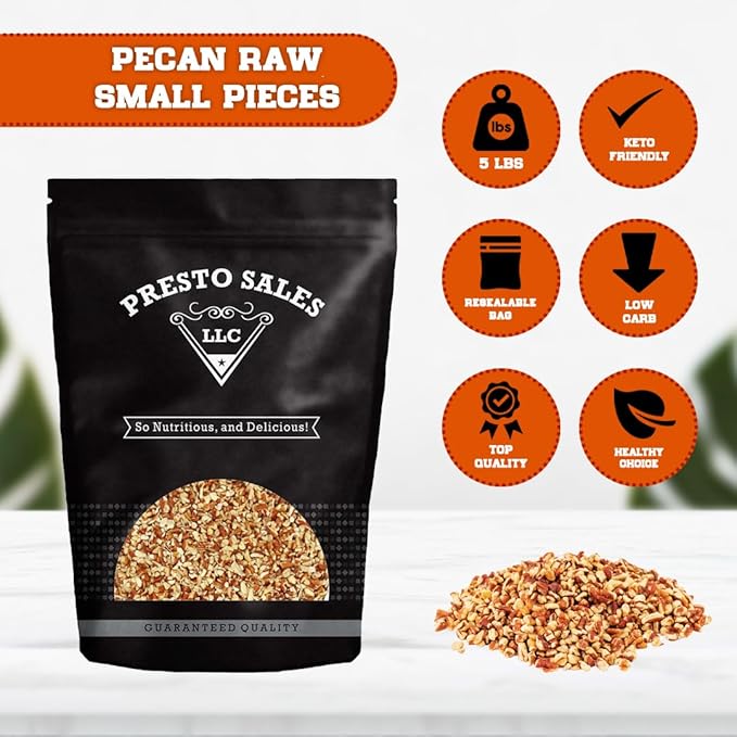 Presto Sales Small Chopped Pecans 80 oz | Raw Unsalted Natural | Non-GMO Keto/Paleo Vegan | Raw Pecans Perfect Low-Cholesterol Low-Fat Dairy-Free and Sugar-Free Diets | Resealable 5 lbs Bag
