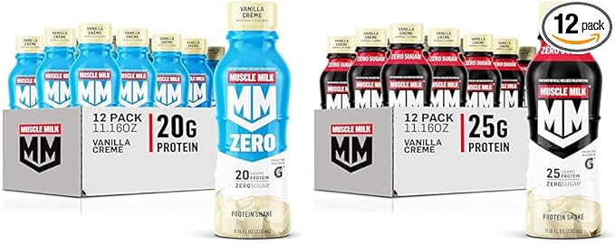 Muscle Milk Zero Protein Shake Vanilla Crème 20g Protein Zero Sugar 100 Calories (Pack of 12) &amp Genuine Protein Shake Vanilla Creme 11.16 Fl Oz Bottle 12 Pack 25g Protein
