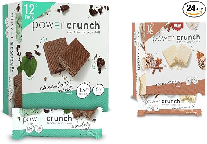Power Crunch Protein Wafer Bars High Protein Snacks Chocolate Mint (12 Count) and Cinnamon Roll (12 Count)