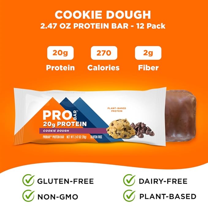 PROBAR - PROTEIN Bar Cookie Dough Non-GMO Gluten-Free Healthy Plant-Based Whole-Food Ingredients Natural Energy (12 Count)