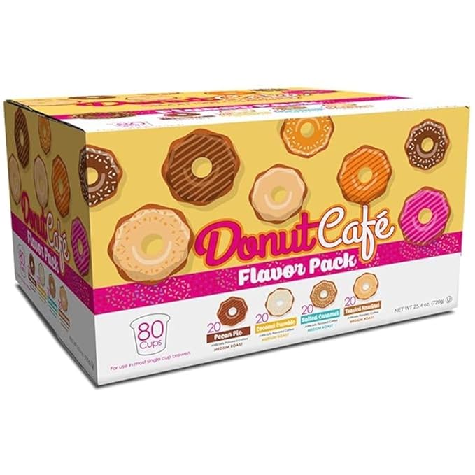 Donut Café - Gourmet Coffee Medium Roast Flavored Variety Pack – Pecan Pie Coconut Crumble Salted Caramel Toasted Hazelnut – Single Serve Coffee Pods for Keurig K Cup Brewers – 80 Count