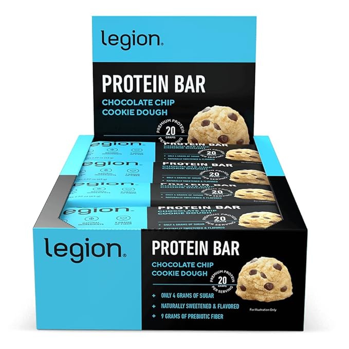 Legion Chocolate Chip Cookie Dough Protein Bar - 100% Whey Protein Bars Low Sugar High Protein with Prebiotic Fiber - Soy-Free Gluten Free Naturally Flavored Low Fat High Protein Bars (12 Count)