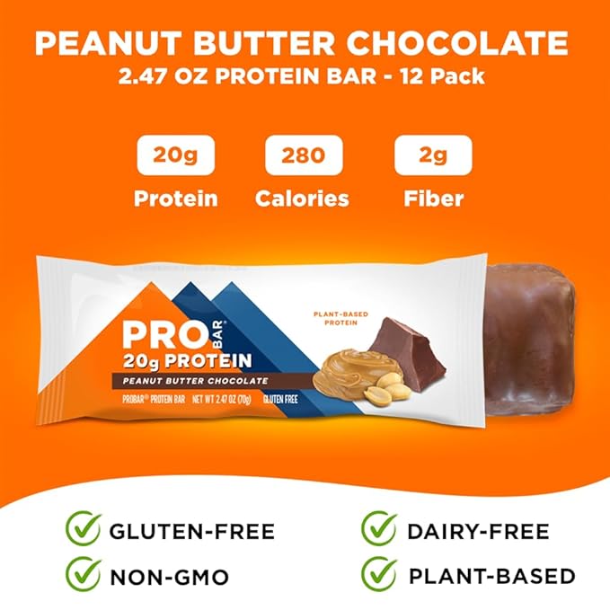 PROBAR - PROTEIN Bar Peanut Butter Chocolate Non-GMO Gluten-Free Healthy Plant-Based Whole-Food Ingredients Natural Energy (12 Count)