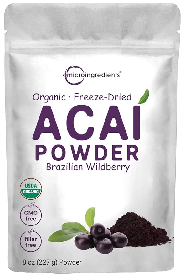 Organic Acai Powder 8oz | 100% Natural Fruit Powder | Freeze-Dried Brazilian Wildberry Source | No Sugar &amp Additives | Great Flavor for Drinks Smoothie &amp Beverages | Non-GMO &amp Vegan Fri