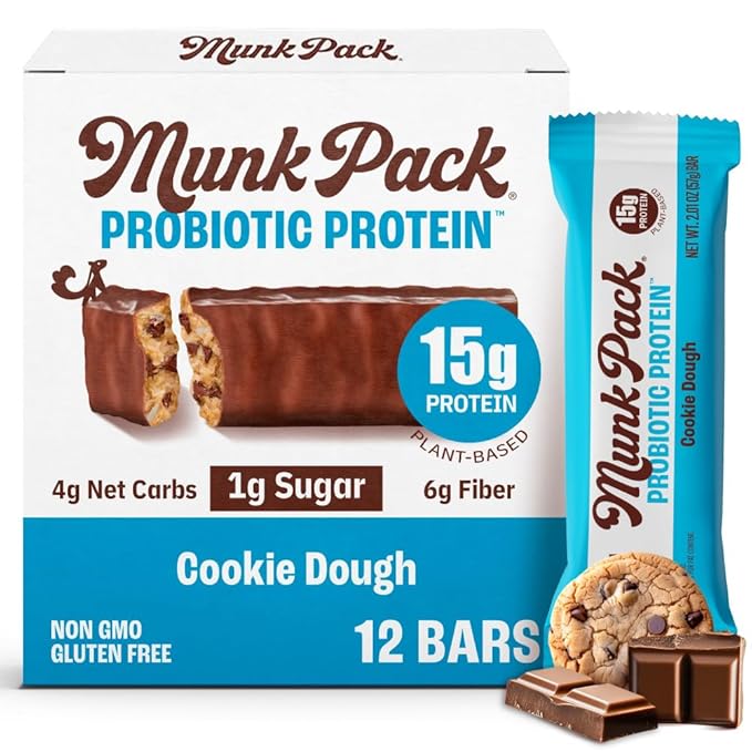 Munk Pack Cookie Dough Probiotic Keto Protein Bars | 15g Protein 1g Sugar 4g Net Carbs | Plant-Based Low Sugar Gut Health Snacks Gluten-Free Non-GMO | 12 Count