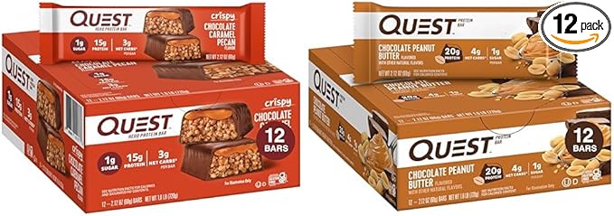 Quest Nutrition Crispy Chocolate Caramel Pecan Hero Protein Bar 15g Protein 1g Sugar 3g Net Carb &amp Chocolate Peanut Butter Bars High Protein Low Carb Gluten Free Keto Friendly