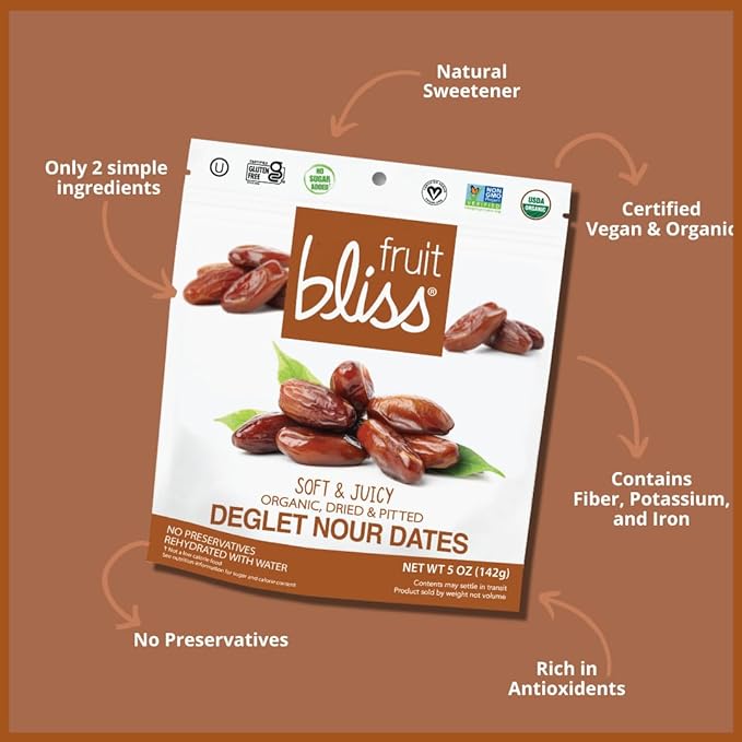Fruit Bliss Deglet Nour Pitted Dates – Soft &amp Juicy Organic Dried &amp Pitted Deglet Nour Dates - Organic Fruit Snacks Dried Fruit Snacks Resealable Pouches Gluten-Free Vegan Snacks (3 Pack 5o
