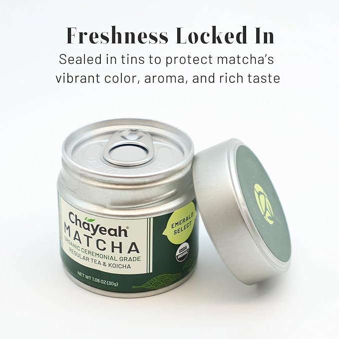 CHAYEAH Emerald Select Matcha – Organic Ceremonial Grade Matcha Green Tea Powder Premium First Harvest (1.06 oz Tin)
