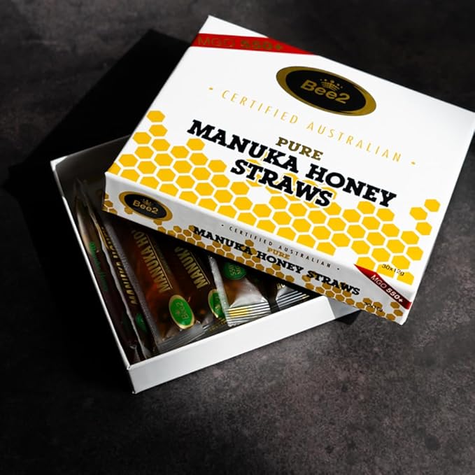 Bee2 Manuka Honey Stick MGO 300+ 100% Raw &amp Pure Organic Manuka Honey (Equiv. to UMF 10+) 30 Single-Serve Stick (0.42oz each) I Convenient for Tea Travel &amp Immune Support Certified Authenti