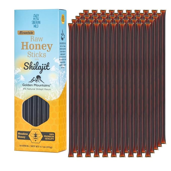 50-pack Siberian Wild Meadow Flowers Honey Sticks with Shilajit 8% Raw Siberia Meadow Flower Honey Golden Mountains Snack