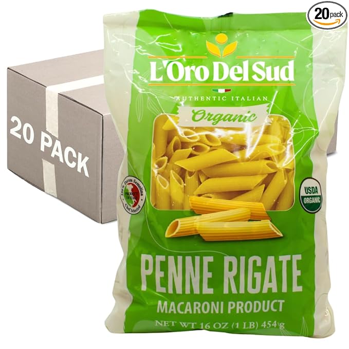 Organic Penne Rigate 100% Durum Wheat Italian Pasta Premium Quality Product of Italy (20 pack x 16 Oz) Non GMO Vegan Kosher Certified by L'Oro del Sud