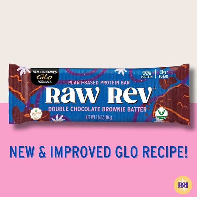 Raw Rev Vegan Protein Bars- Double Chocolate Brownie Batter 12 bars Non-GMO Plastic-Neutral Nothing Artificial Glo Formula Gluten-Free Keto-Friendly Paleo Kosher No Sugar Alcohols No Stevia
