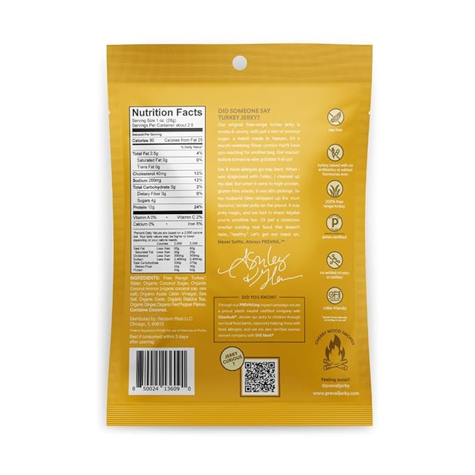 Free-Range Turkey Jerky by PREVAIL - Low Sodium and Gluten Free! | Pack of (3) Bags | | Our Gourmet Jerky is Paleo Certified Soy Free Free of Preservatives and contains no GMO's!