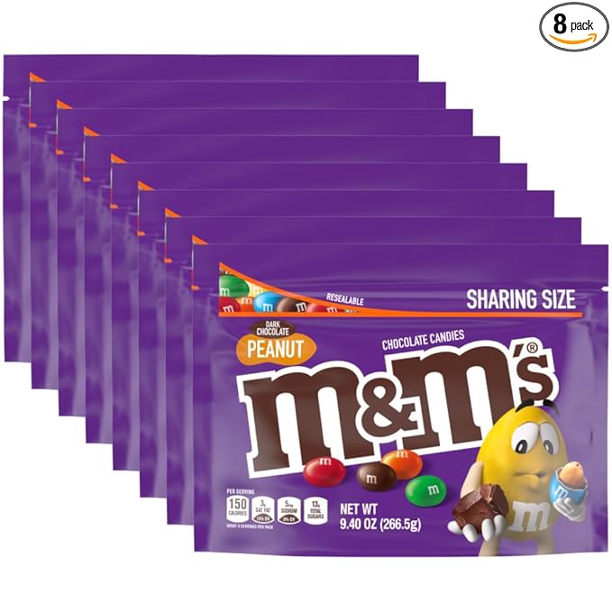 M&ampM'S Peanut Dark Chocolate Candy Bulk 9.4 oz Resealable Bag (Pack of 8) â€“ Dark Chocolate Candy Assortment for Parties Movie Snacks and Office Treats