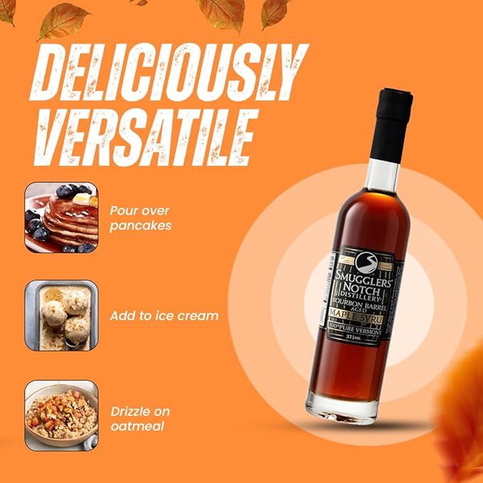 Smugglers’ Notch Maple Works – Bourbon Barrel Aged – 100% Pure Vermont Maple Syrup – Natural Sweetener &amp Gluten Free – Rich Taste – Waffles and Pancakes Cocktails Marinades 12.68 Fl Oz. (375 mL