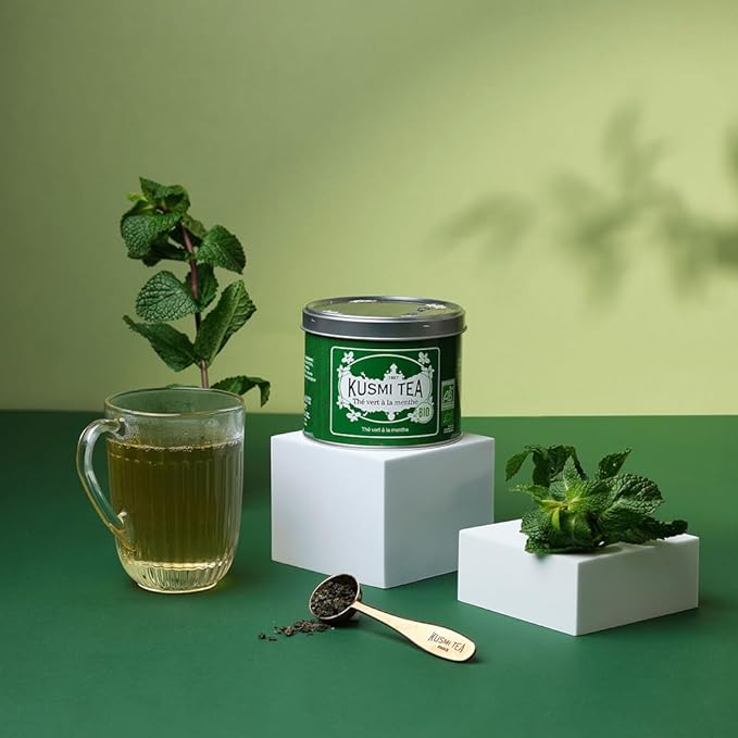 Kusmi Tea - Spearmint Green - Organic Blend of Gunpowder Green Tea with Mint - Peppermint Tea - Enjoy Hot or Ice - Organic Flavored Green Tea - Loose Leaf Tea - Tin Box of 3.5 oz - For about 50 cups