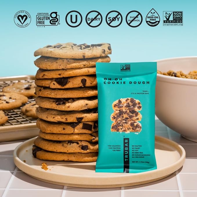 TRUBAR Vegan Protein Bar Oh Oh Cookie Dough Gluten Free Plant Based Protein Dairy Free Non GMO Soy Free No Sugar Alcohols 12G Protein 13G Fiber Healthy on the Go Snack Bars 12 CT