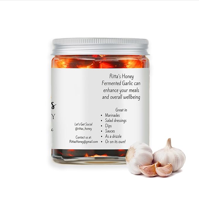 Ritta's Honey Fermented Garlic Honey to Enhance Meals and Overall Wellness. 100% Pure Nutrient Rich Raw California Wild Flower Honey with Organic Fermented Garlic Cloves