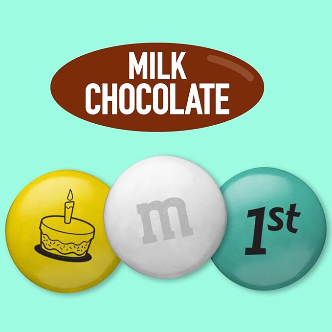 M&ampM’S WORLD 1st Birthday Milk Chocolate Candy 2lbs of Baby-Themed M&ampM'S in Aqua Yellow &amp White 1st Birthday Celebration Candy for Dessert Table Candy Bar &amp DIY Favors