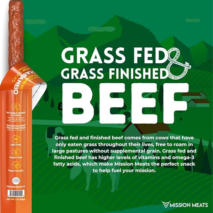 Mission Meats Beef Sticks – 100% Grass Fed &amp Pasture Raised Sugar Free Individually Wrapped Healthy Snacks Whole 30 &amp Paleo Friendly Habanero 1oz (24ct)