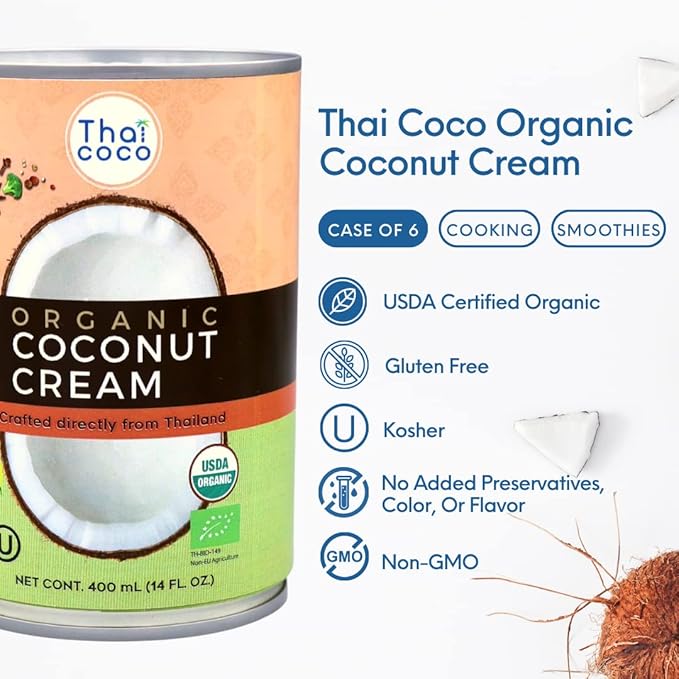 Thai Coco - Organic Coconut Cream Full Fat Unsweetened Heavy Cream - 14 fl. oz. 6 Pk