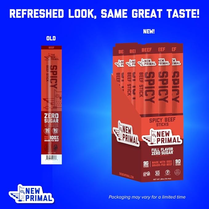 The New Primal Grass-Fed Spicy Beef Sticks Keto Gluten Free Healthy Snacks for Adults Sugar Free Low Carb High Protein Snack Paleo Whole30 Jerky Stick 9g Protein 20 Ct