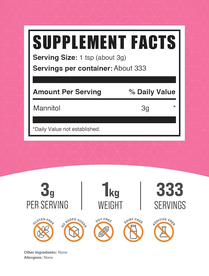 BulkSupplements.com Mannitol Powder - Mannitol Sweetener Sugar Substitute Mannitol Supplement Natural &amp Gluten Free 3g per Servings 1kg (2.2 lbs) (Pack of 1)