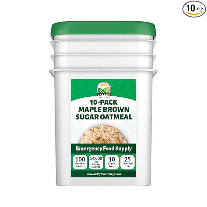 Valley Food Storage Maple Brown Sugar Oatmeal | 10-Bag Bucket 100 Servings | Premium Emergency Food Supply 25 Year Shelf Life | Survival Breakfast Food for Prepper Storage &amp Camping