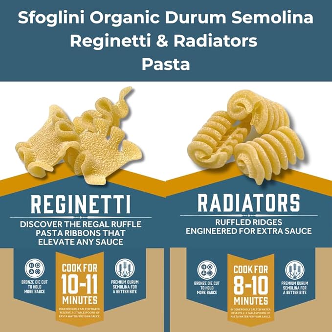 Sfoglini Organic Durum Semolina Reginetti (12 oz) &amp Radiators (16 oz) Pasta (4-Pack 2 Packages Per Shape)