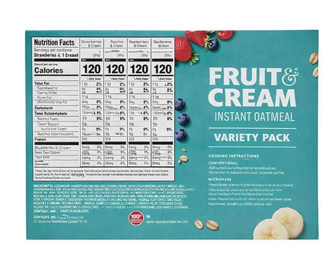 Fruit and Cream Instant Oatmeal Variety Pack 40 Packets 1.05 oz Each Strawberries Blueberries Bananas Peaches Flavors 20g Whole Grain (2 Paxk)
