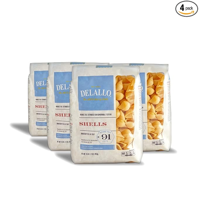 DeLallo Conchiglie Pasta Shells 1 Pound Bag 4 Pack Conch Shape Made with Durum Wheat Semolina Flour Cooks in 9 Minutes Non GMO