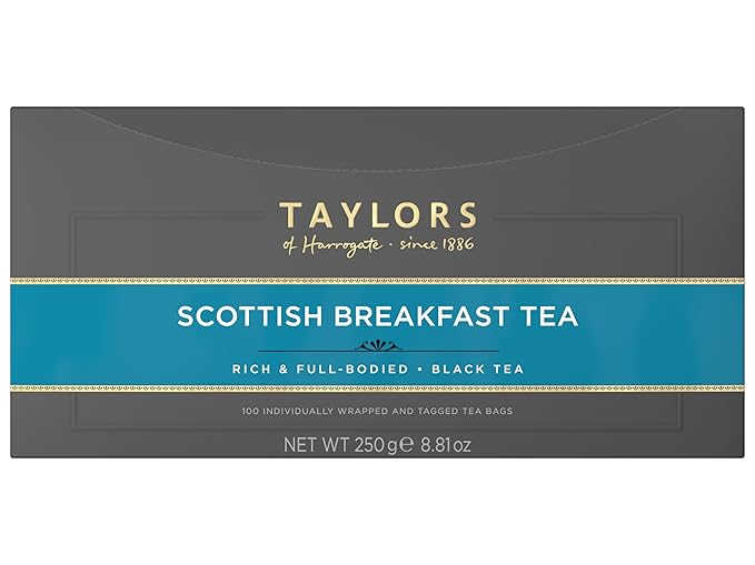 Taylors of Harrogate Scottish Breakfast Black Tea Individually Wrapped Bags 100 Count (Pack of 1) Strong malty and full Caffeinated Enjoy Hot or Iced 100 Teabags