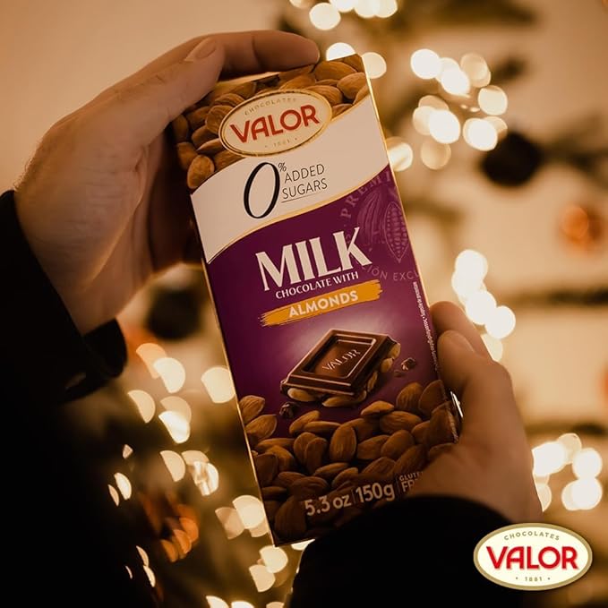 Valor. Milk Chocolate with Mediterranean Marcona Almonds. No sugar added. 150g (5.29oz). Pack of 3.