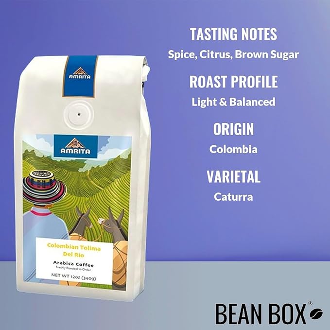 Colombia Tolima Del Rio - Light - Roasted by Amrita Certified Pure - Freshly Ground Coffee - 2 Pound Bag