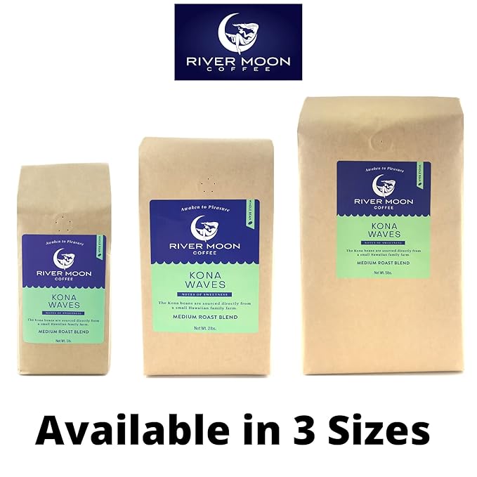 River Moon Coffee Kona Coffee Whole Bean Medium Roast 16 Ounce Kona Waves Hawaiian Blend Sustainably Farmed 100% Arabica