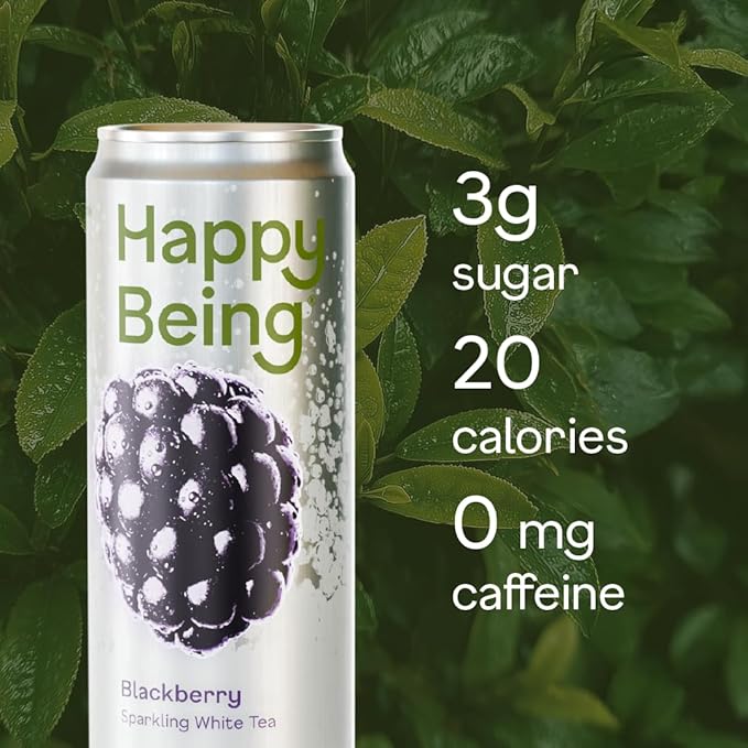 Happy Being Blackberry Sparkling White Tea – Antioxidant &amp Polyphenol Rich Infused with Turmeric Elderberry Caffeine Free Plant-Based Low Sugar &amp Low Calorie Drinks 12oz (16 Pack)
