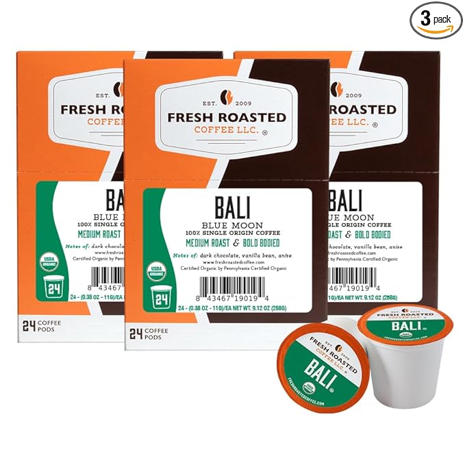 Fresh Roasted Coffee Organic Bali Blue Moon | USDA Kosher | Medium Roast 72 Pods for K Cup Brewers