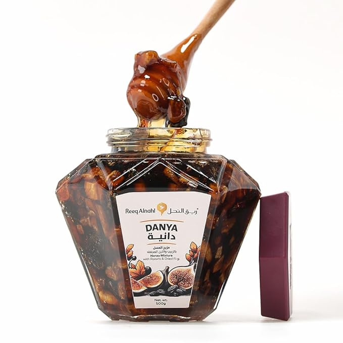 Reeq AlNahl Danya Premium Honey Blend – Natural Honey with Figs &amp Raisins 500g Jar – Rich Gourmet Honey for Breakfast Tea Baking &amp Drizzling