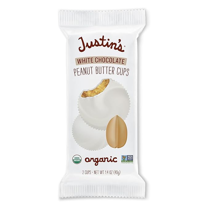 Justin's Organic White Chocolate Peanut Butter Cups Rainforest Alliance Certified Cocoa Gluten-free Responsibly Sourced 1.4 Ounce (Pack of 12)