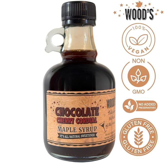 WOOD'S Chocolate Cherry Cordial Infused Maple Syrup – Decadent Vermont Maple Syrup with Dark Cocoa &amp Succulent Cherries | Small-Batch All-Natural Vegan-Friendly Syrup for Breakfast Desserts &am